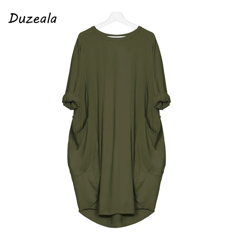 Горячая Распродажа осенне-зимнее женское модное свободное платье с карманами, женское однотонное повседневное длинное платье с вырезом лодочкой размера плюс Vestido - Цвет: ArmyGreen