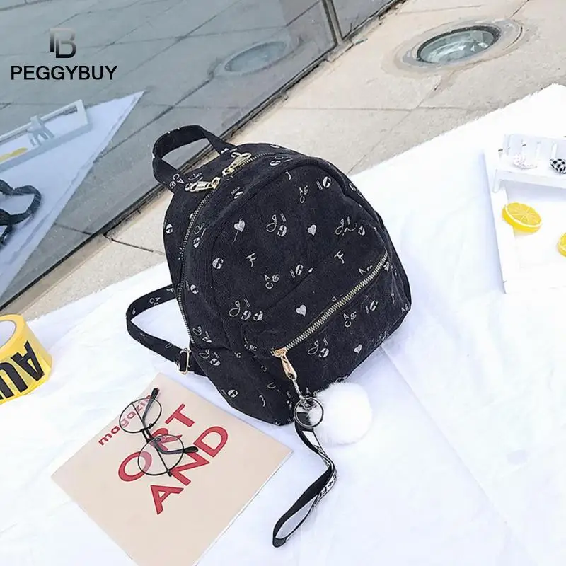 

High Quality Canvas Pompom Pendant Printing Travel Backpacks Canvas Women Small School Bags Girls School Bag Dropshipping