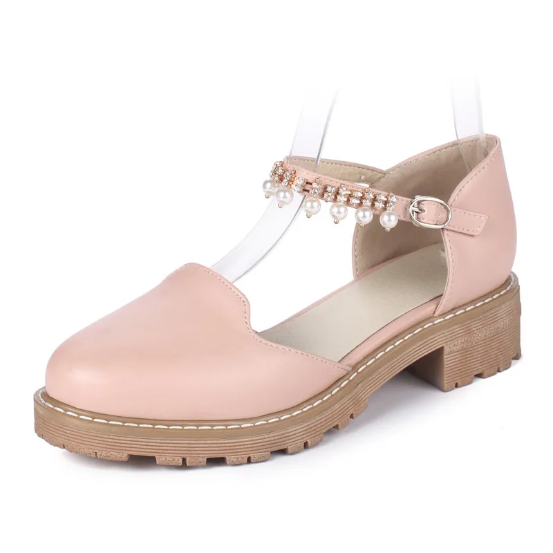 Gdgydh/ г. Новые летние женские босоножки женская летняя обувь на квадратном каблуке с круглым носком женская обувь с ремешком на лодыжке, украшенная стразами Большие размеры 43 - Цвет: pink