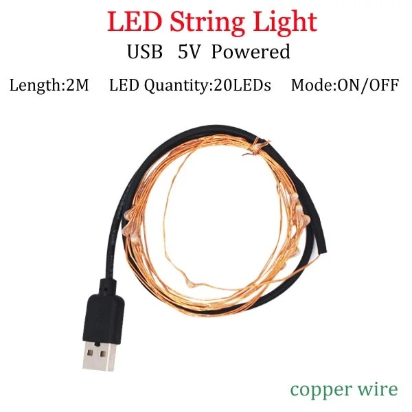 2m USB Copperpowered Светодиодный светильник-гирлянда s 10 м 5 м 2 м, серебряная гирлянда, украшение для дома, Рождества, свадьбы, вечеринки, питание от батареи 5 В, USB, сказочный светильник - Испускаемый цвет: 2m USB Copperpowered