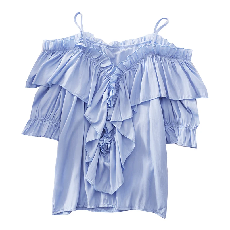 

2019 Women Summer Short Flare Sleeve Slash Neck Basic Ruffle Strap Shirt Vintage Elastic Slim Chiffon Pullover Party Blouse Tops
