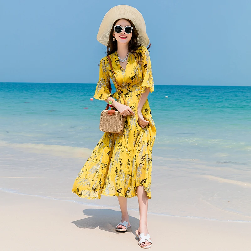 Bali Seaside Resort Dress 2018 New Dress Was Thin Chiffon V Collar