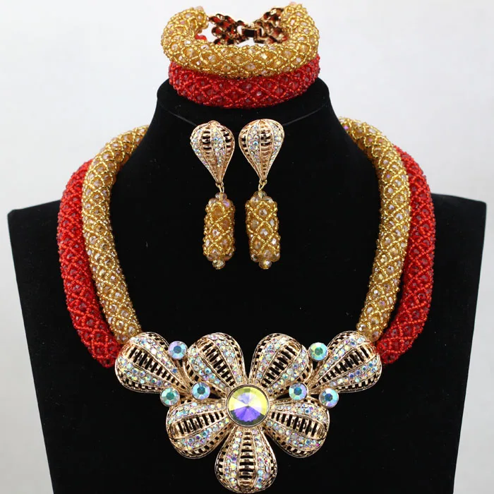 Fashion Red&Gold Nigeria Wedding Jewelry Set Crystal Beads Jewelry Set