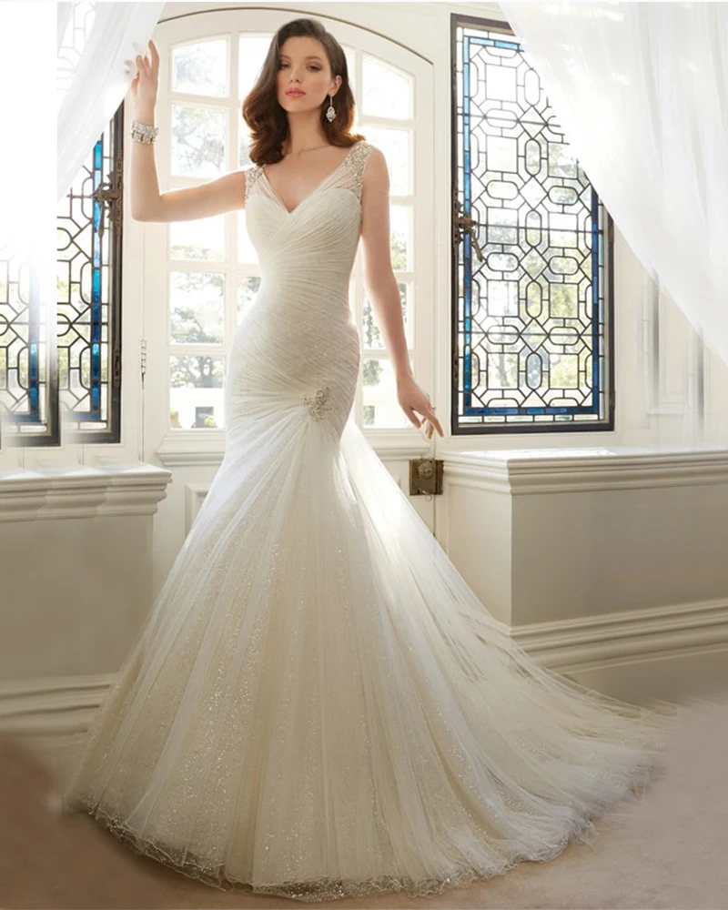 Jark Tozr Newest Arrive V-neck Lace Up Sequined Pleat Sexy Bridal Dress 2017 Vestidos De Noiva Sereia Mermaid Wedding Dresses