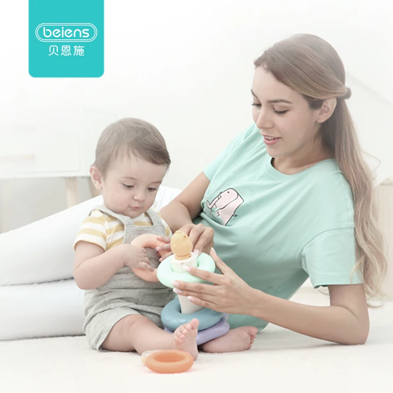low cost Beiens Stacking Rings Toy Baby Rainbow Tower Ring Rattles Toys Children Building Blocks Stack Up As