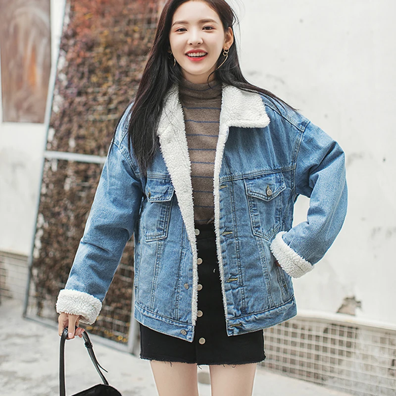 

Spring autumn new women version loose large size plus velvet denim coat single-breasted Slim thin Lamb cashmere denim coat lady