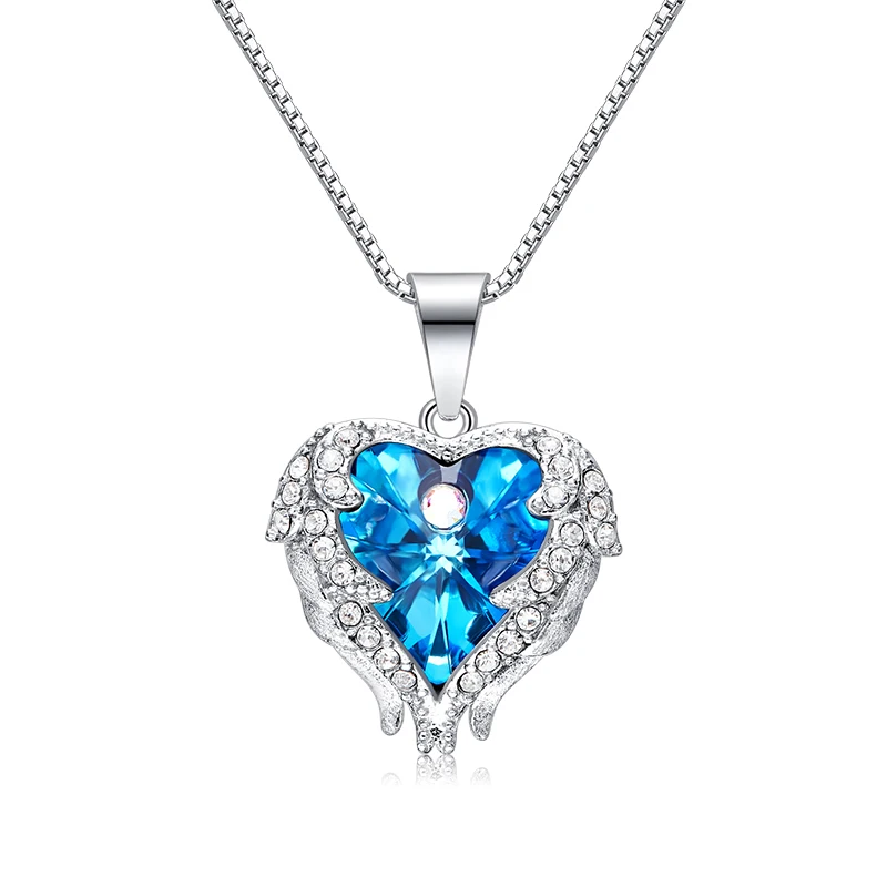 

925 Silver Necklace for Women Crystals from Swarovski Heart Pendant With White Gold Box Chain Blue Purple Color Trendy 040C