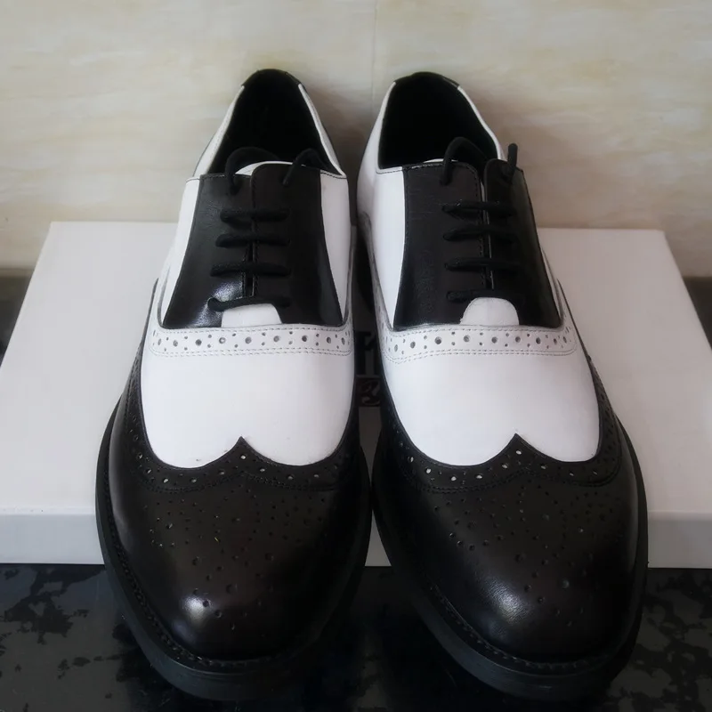Clearance Sale !! US 8 Men Retro Genuine Leather Black and White Fretwork Pointed Toe Oxfords Wing Tip Brogue Shoes Eur Size 41