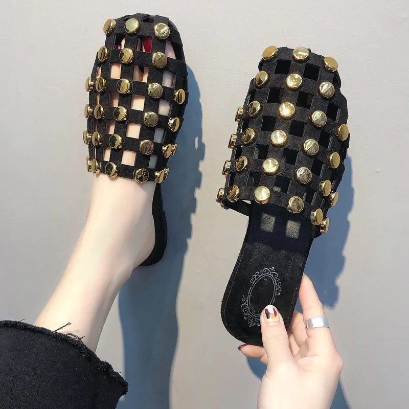 Spring Summer Half slippers Sandals Female Fashion Rivet Flat Bottom Outside Red Slippers flip flops slippers sexy rivets ladies Spring Summer Half slippers Sandals Female Fashion Rivet Flat Bottom Outside Red Slippers flip flops slippers sexy rivets ladies