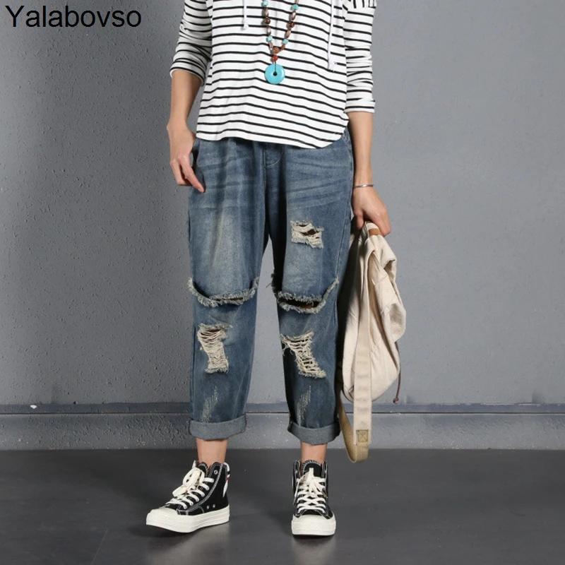 

Denim Spliced Harem pant Elastic Waist Softener Denim Vintage Washed Hole Bleached Pants Ankle-Lenght Jeans for woman A0DZ3
