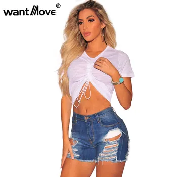 

Wantmove 2018 summer new European and American fashion women's body grinding broken tassel nostalgic denim shorts WM338