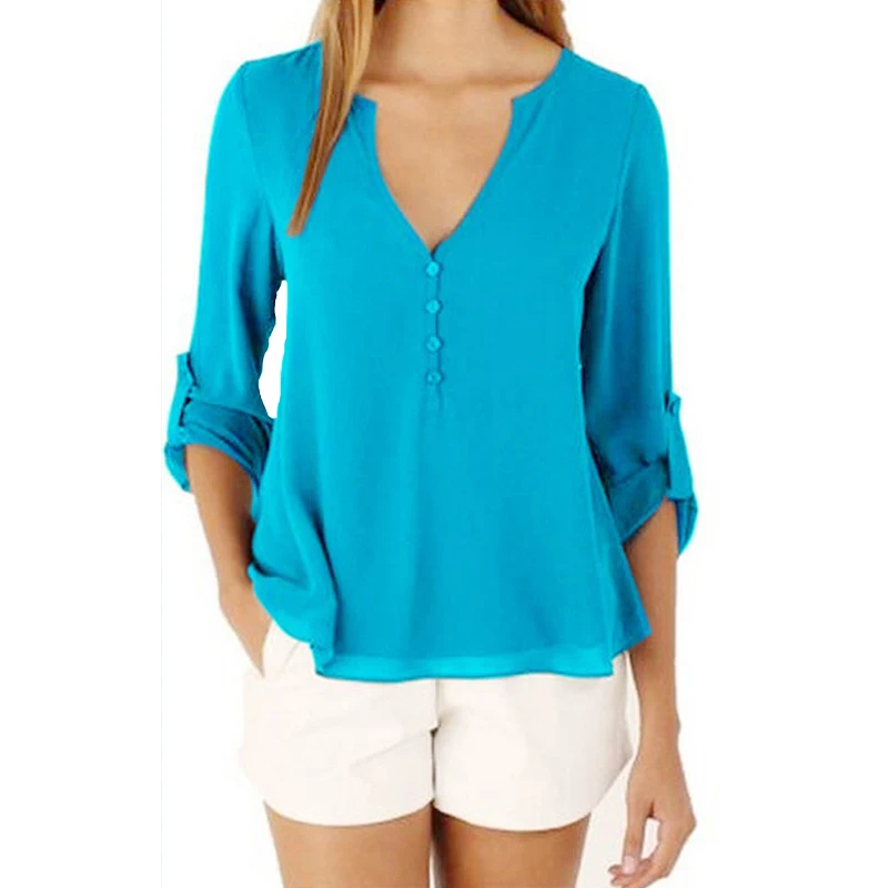 Шифоновая Блузка с рукавом 3/4 и глубоким v-образным вырезом, лето-осень, Женские повседневные топы на пуговицах, одноцветная рубашка, блузы размера плюс - Цвет: Sky blue