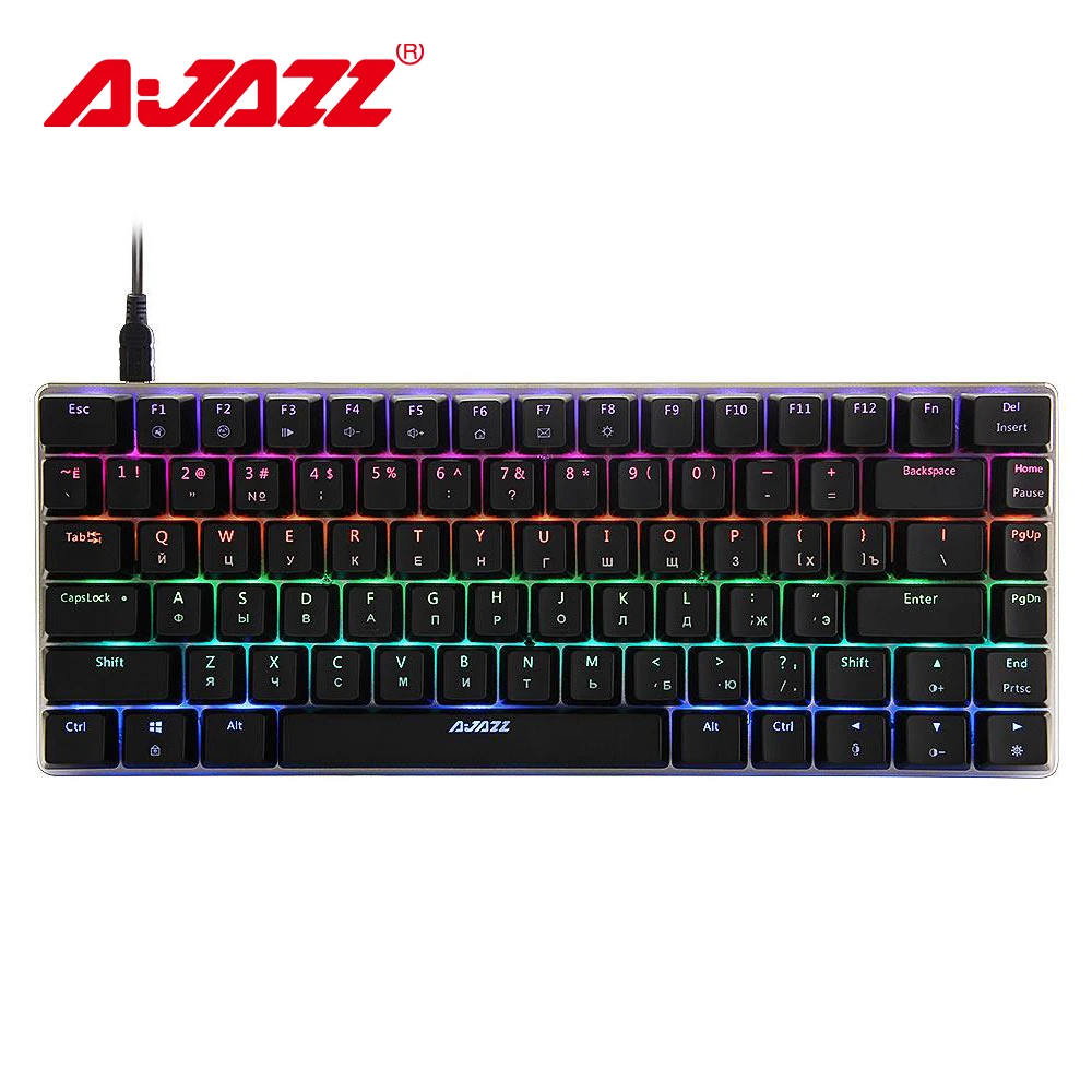 Цена Ajazz AK33 82 клавишная игровая механическая клавиатура русская английская раскладка Подсветка USB Проводная анти ореолы синий черный переключат...