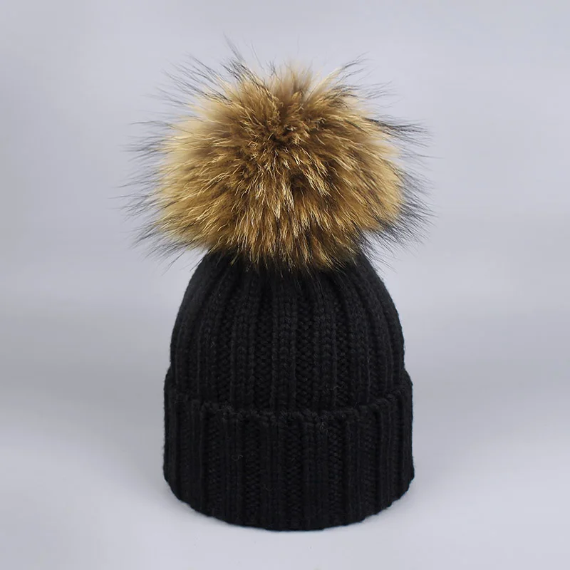 Hat Black Г. Шапка с помпоном для девочек, теплые вязаные с помпоном из меха, шапка с помпоном и шарф, комплект, детская зимняя шапка с помпоном из натурального меха енота, Skullies - Цвет: Hat Black