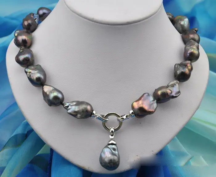

Free shipping@@@@@ Rare 18" 25mm baroque black keshi reborn pearl necklace pendant 5.27