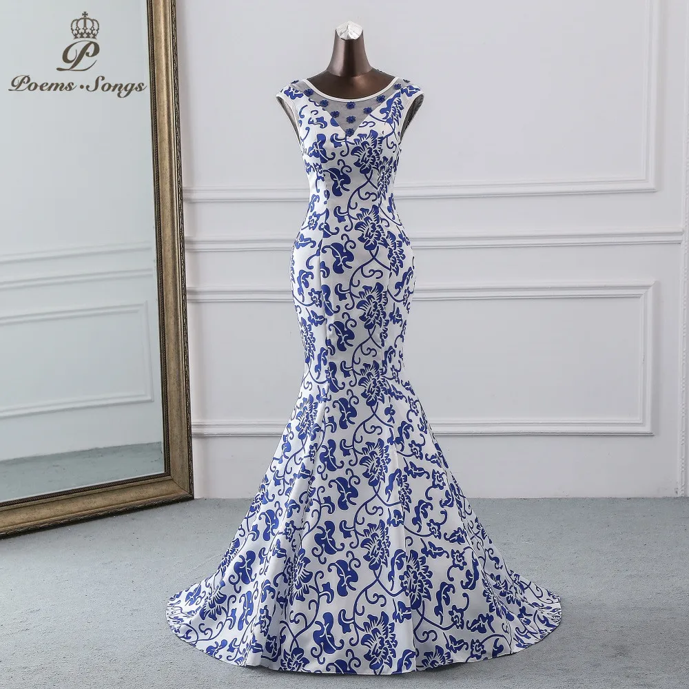 Poems Songs China evening dress blue flower elegant party dress mermaid dress evening gown robe longue soiree