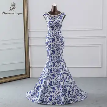 Poems Songs 2019 China evening dress blue flower elegant party dress mermaid dress evening gown robe longue soiree