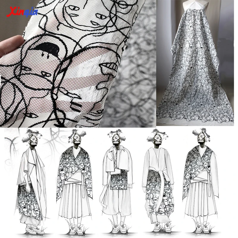 Vogue Trendy Designer Fabric Black And White Face Head Pattern Graffiti Embroidery Hollow Clothing Cloth Curtains F0001 Designer Fabric Fabric Patternpattern Fabric Aliexpress