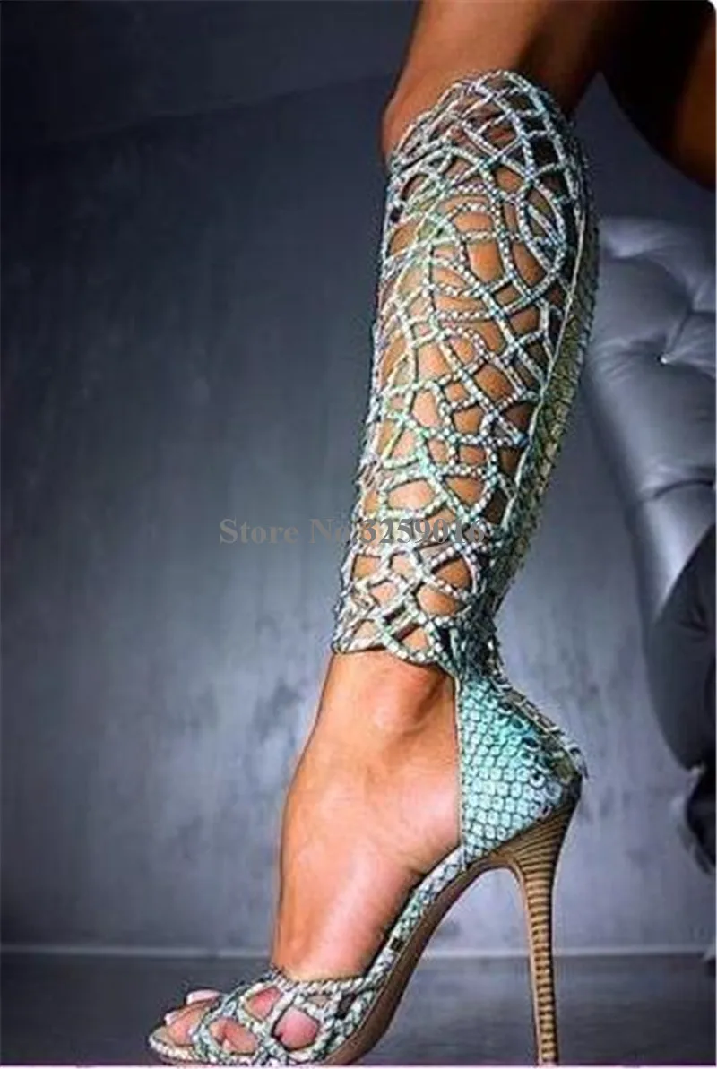 

Women Charming Bling Bling Blue Rhinestone Thin Heel Knee High Gladiator Boots Cut-out Back Zipper-up High Heel Long Sandal Boot