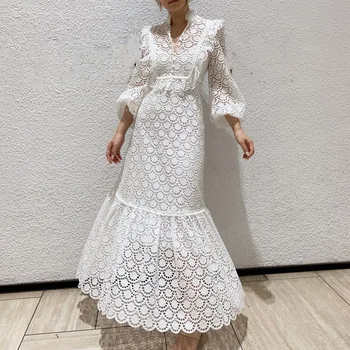 

2019 Summer White Heavy Industry Embroidery Splicing Lace Stand High Waist Openwork Long Sleeve 2 Piece Maxi Dress
