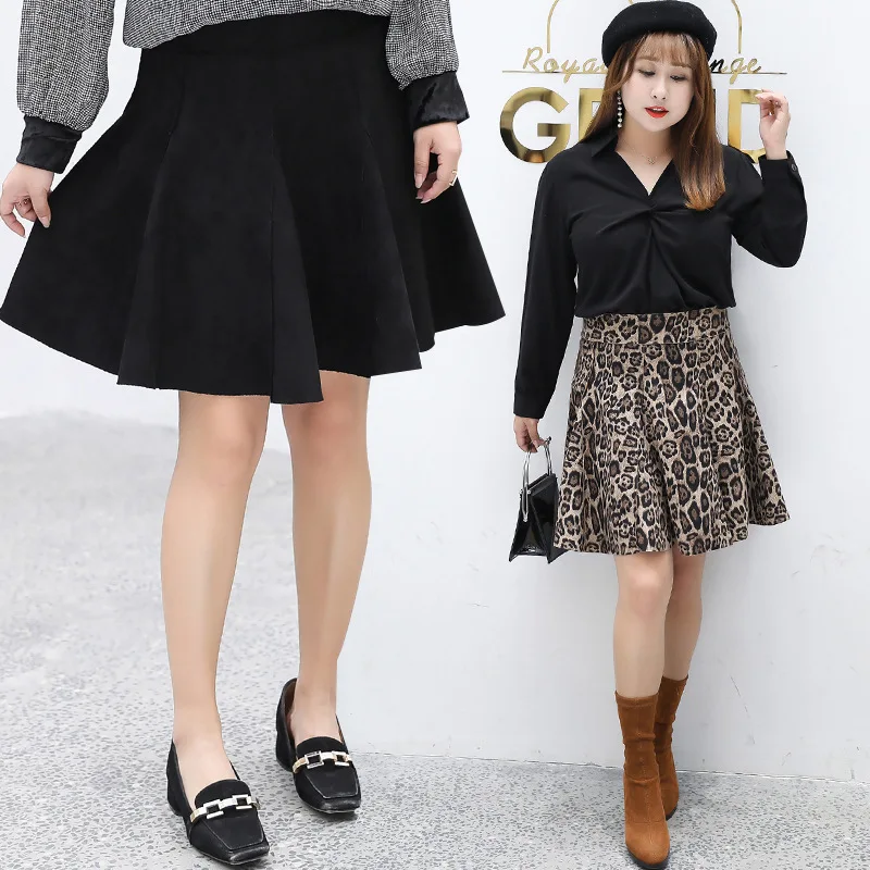 

Winter Autumn Women Leopard Print Vintage Suede One-Step Skirt Lady's Pleated A-Line High Waist Casual Sexy Mini Skirt plus size