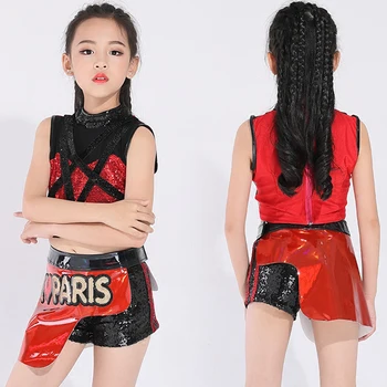 

New Girls Jazz Dance Costumes Red Sequin Children Summer Clothes Navel Tops T Stage Show Street Dance Kids Stage Costume BL1775