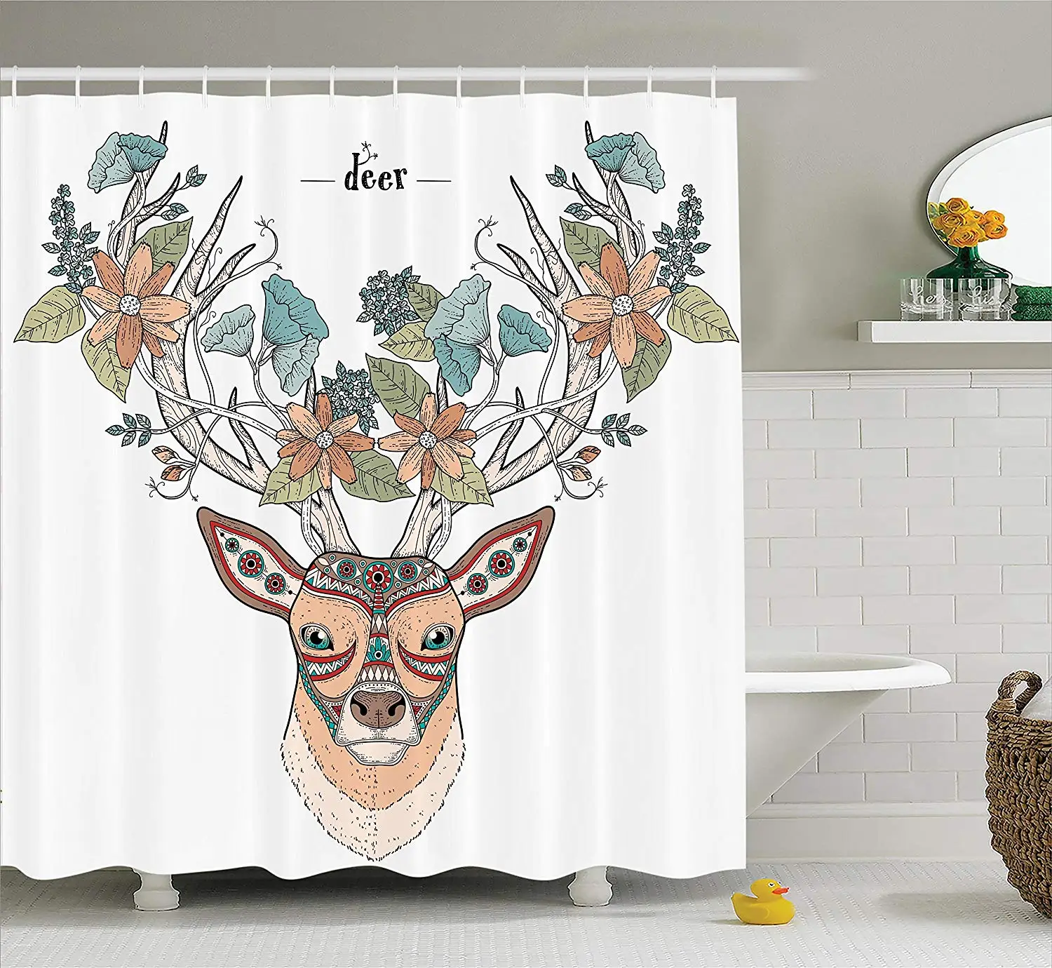 Antlers Shower Curtain Deer Head With Flowers Blooms Ethnic