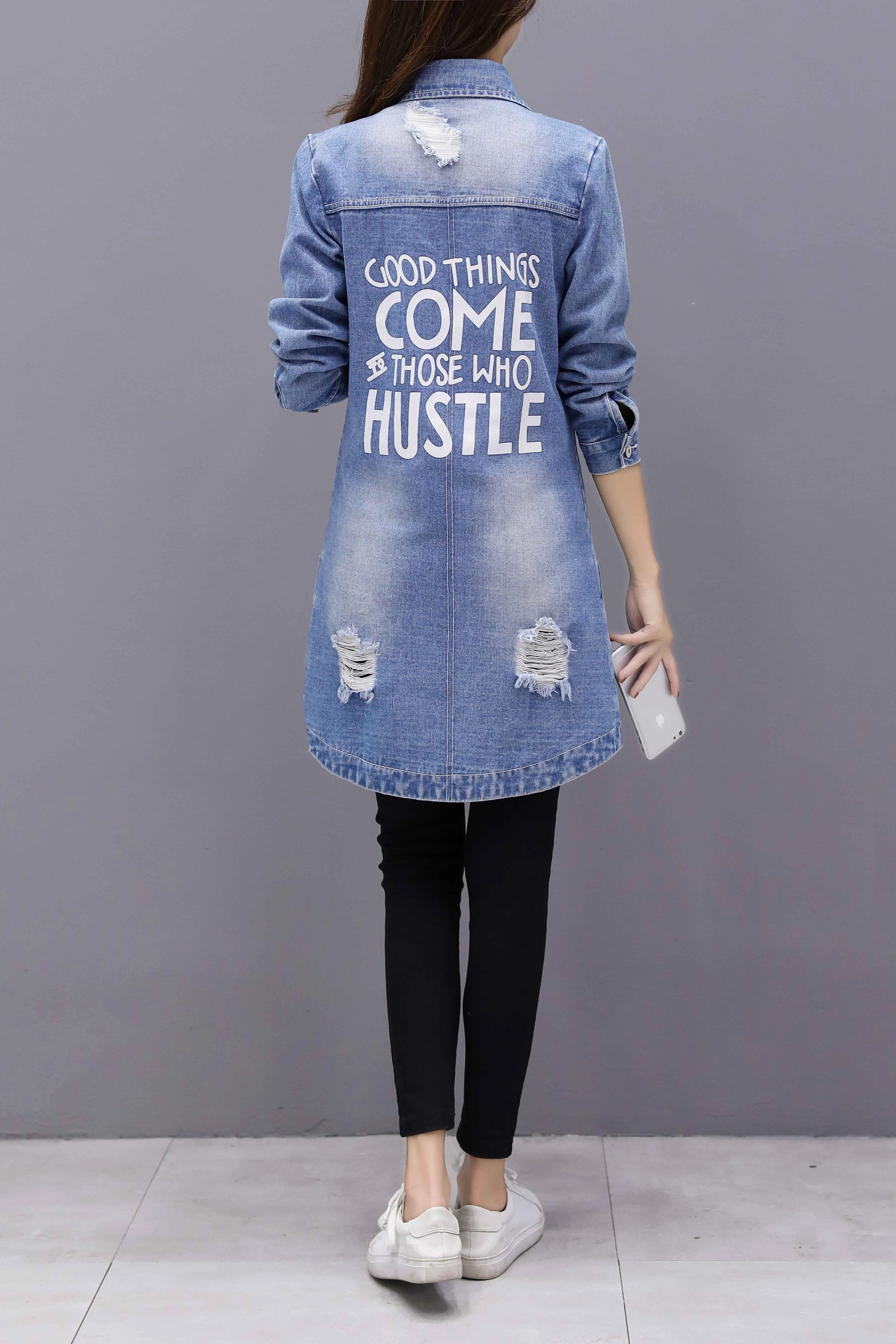 RU زائد حجم 5XL الدينيم الستر المرأة حفرة طويلة الأكمام خمر جان سترة الدنيم فضفاضة الربيع الخريف الدنيم معطف