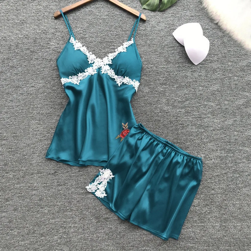 

2019 Crop Top Women Halter Top Sleepwear Sleeveless Bow Lingerie Nightwear Lace Trim Satin Top Pajama Set canottiera donna