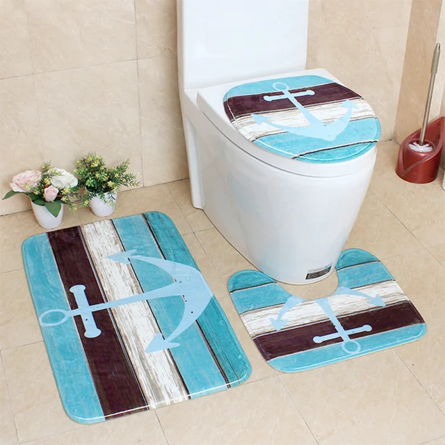 3Pcs/Set Flannel Printing and Dyeing Bath Mats and Toilet Cover Non-Slip Absorbent Bathroom with Rug Retro Decoration