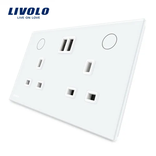 Производитель Livolo Великобритания Стандартный Настенный разъем питания+ 2USB, белая Хрустальная стеклянная панель, 13А настенная розетка, VL-W2C2UKU-11/12 - Тип: White