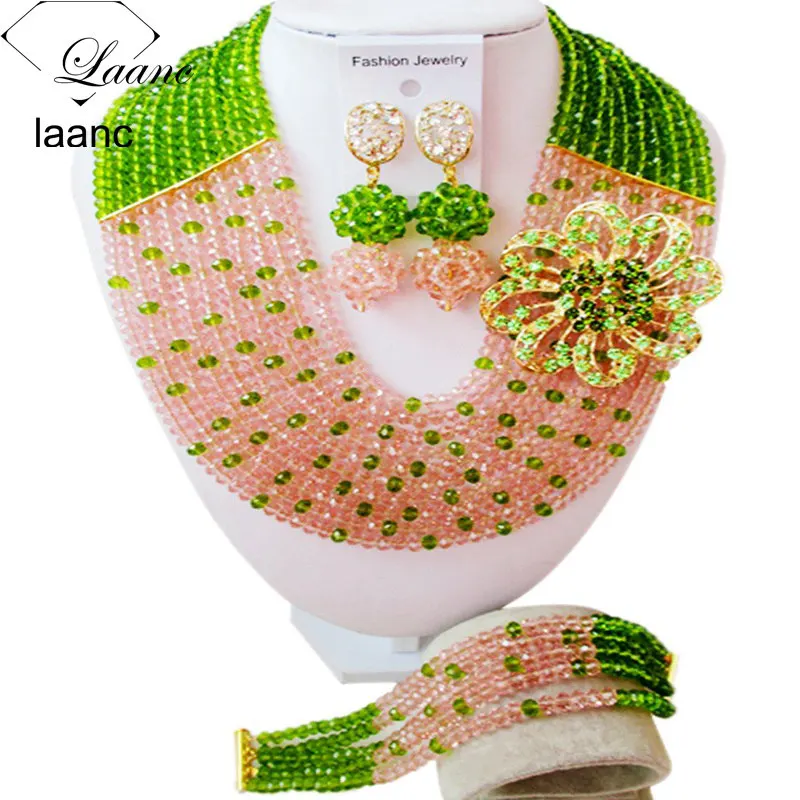

Laanc Olive Green Peach Nigerian Wedding African Beads Jewelry Set Crystal Necklace and Earrings for Women C10SZ055