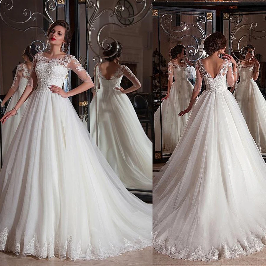 

Fabulous Tulle Bateau Neckline Ball Gown Wedding Dresses with Lace Appliques Half Sleeves Bridal Gowns vestidos de novia cortos