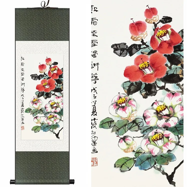 

Chinese Silk Original watercolor flower birds ink red camellia art feng shui canvas wall damask picture framed scroll painting