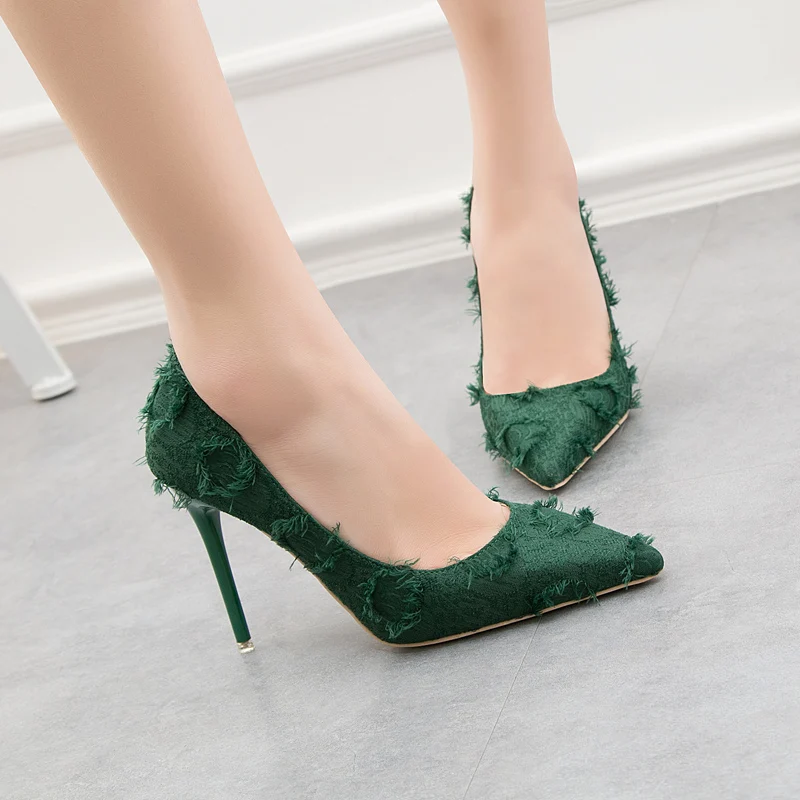 

Women High Heels Shoes Fur Pumps Slides fashion Slip on Sandals Shallow Pointed toe 2019 Sandalias mujer Black green purple