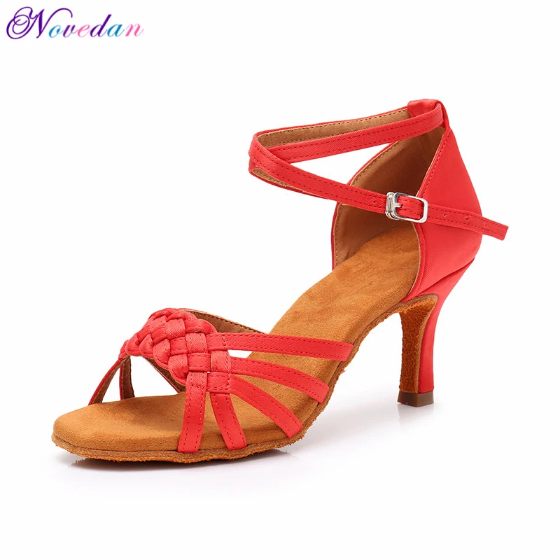 Женская обувь для девочек, красный, белый каблук средней высоты, 5 см, 7 см, атлас, танго, Самба, латинский, бальный, сальса, танцевальная обувь для женщин