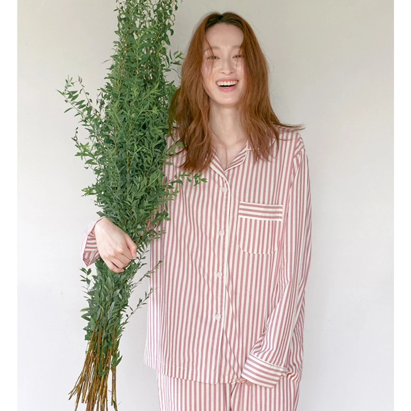 

Men and women Japanese striped pajamas women spring and autumn cotton ladies long-sleeved couple home service suit