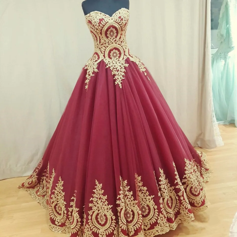 Vintage Burgundy Gold Appliques Colorful Ball Gown Wedding Dresses