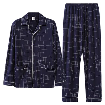 

New Autumn 100%Cotton Mens Long Sleeve Pajamas Set Turn-down Collar Cardigan Loose Soft Plus Size L-3XL Male Sleepwear Suit