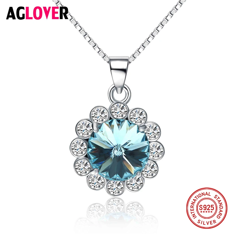 

Genuine 925 Silver Cute Flower Pendant Necklace with 0.3ct Shiny CZ mixed Blue / Pink Crystal Necklaces Charm Women Jewelry