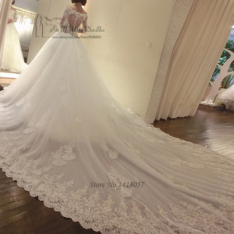 Роскошное Свадебное платье с длинным шлейфом Vestido de Renda Casamento, свадебное платье принцессы, кружевное свадебное платье с блестками и длинным рукавом