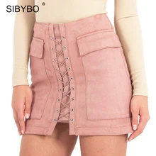 Autumn Winter Suede Leather Skirts Womens 2016 Vintage Pocket Preppy High Waist Lace Up Casual Mini Pencil Skirts u.s. size