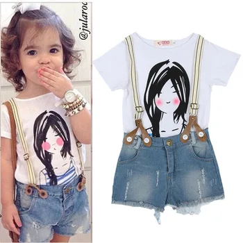 

Fashion Girls Summer Dress Toddlers Girls Suits Kids Top Shirt+Bib Pants Outfit Children Sets 2PCS Clothes