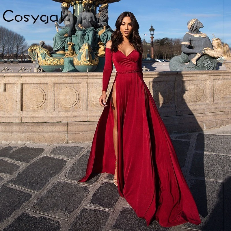 COSYGAL rojo vestido Maxi negro mujer hombro de fiesta noche vestido de otoño 2018 abertura larga Sexy vestido largo para discoteca Vestidos|Vestidos| AliExpress