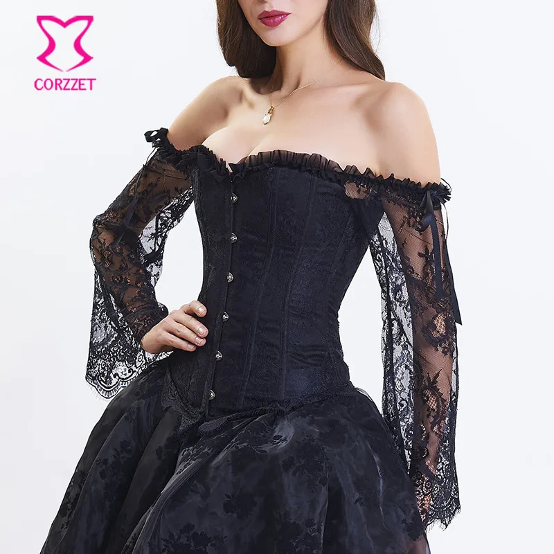 Buy Corzzet Black Jacquard Lace Long Flare Sleeve Sexy