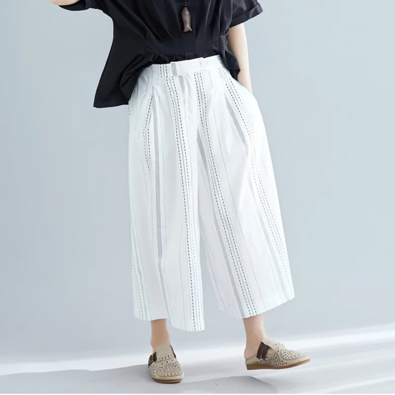 #0648 Summer Striped Wide Leg Pants Women Black White Korean Style Casual Vintage Baggy Pants Thin Trousers Ladies Loose