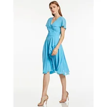 Dressv голубое коктейльное платье с v-образным вырезом, без рукавов, длиной до колена, с оборками, ТРАПЕЦИЕВИДНОЕ ПЛАТЬЕ для девушек, Короткие коктейльные платья