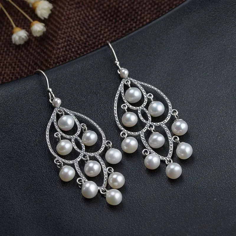 

925 Sterling Silver Natural Pearls Drop Earrings for Women Girls Trendy Anniversary Party Long Earrings Fashion Jewelry Gifts