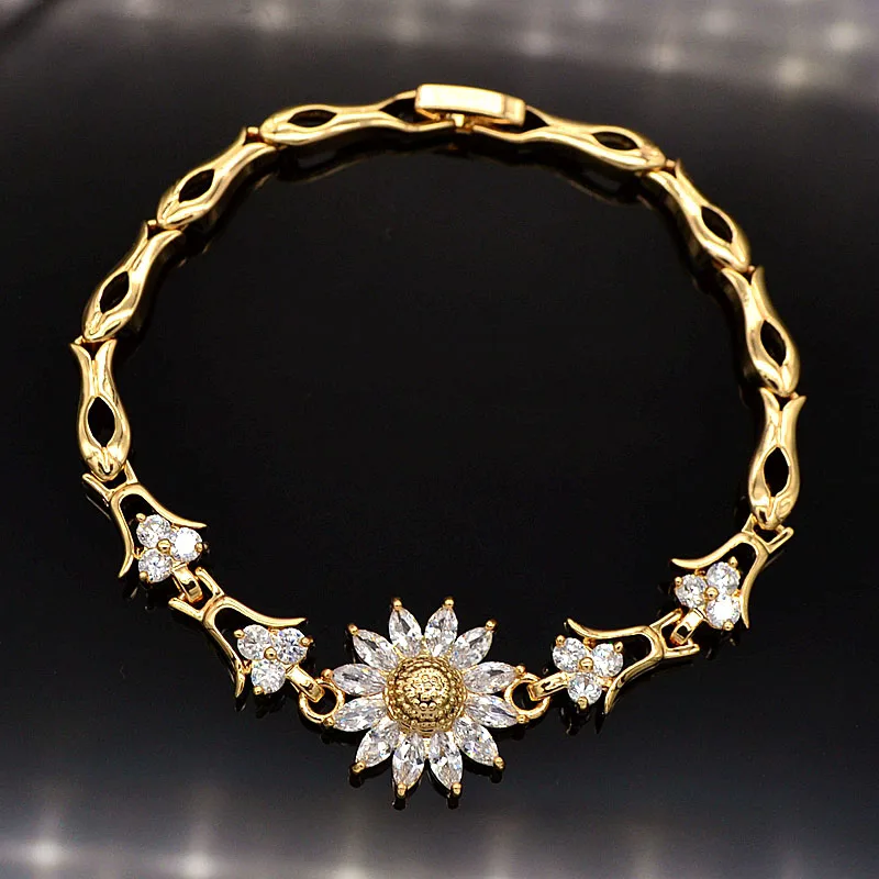 

Fashion Women Gold Color Clear Shinning Zircon CZ Sun Flower Bracelet Jewelry