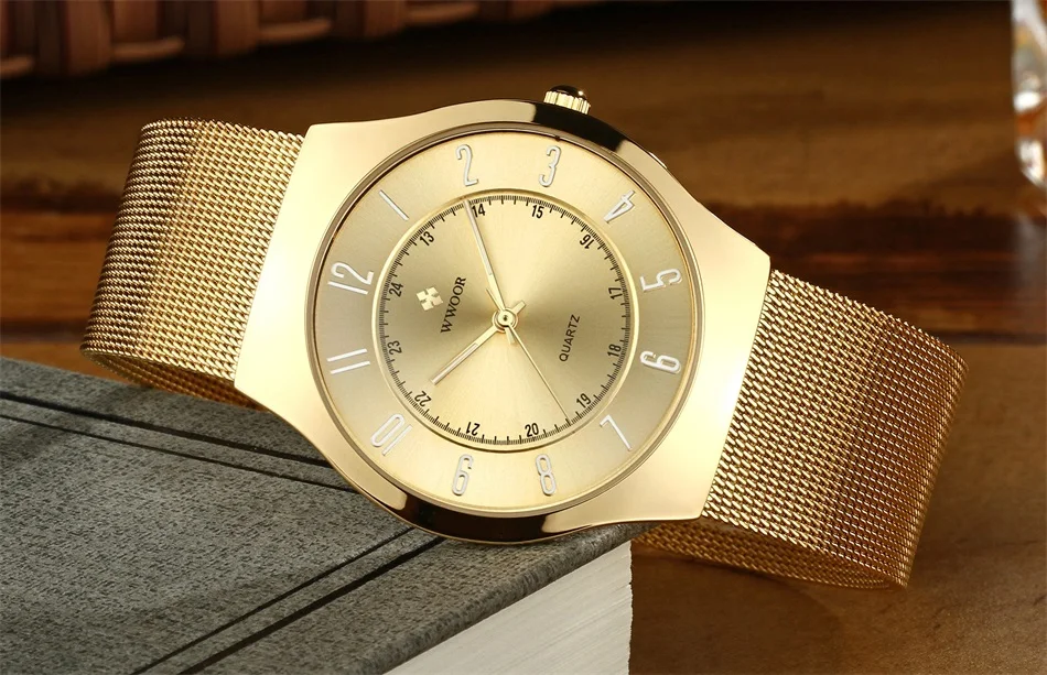 Мужские кварцевые нарядные часы WWOOR Топ бренд класса люкс ультра тонкие водонепроницаемые спортивные наручные часы мужские золотые часы мужские relogio masculino
